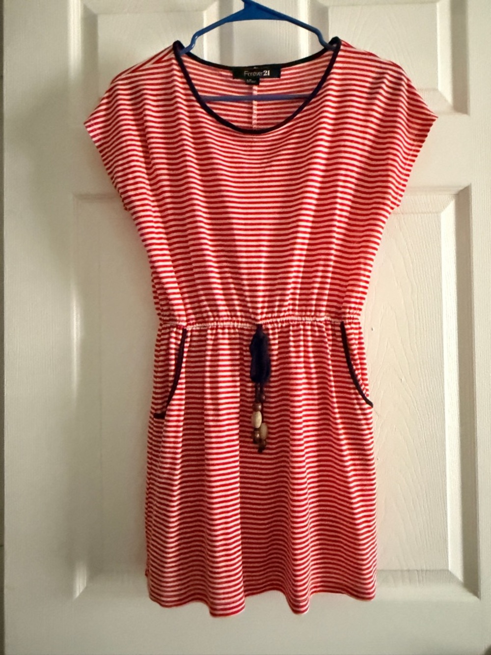 Forever 21 Girls' Red & White Striped Dress with Navy Trim